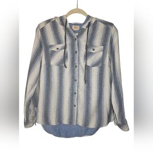 Boston Traders Blue and Gray Striped Cotton "Shacket" Hoodie Med Button Front